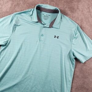 Under Armour Mens Playoff Polo Golf Shirt XL Teal Blue Striped HeatGear Golf Top